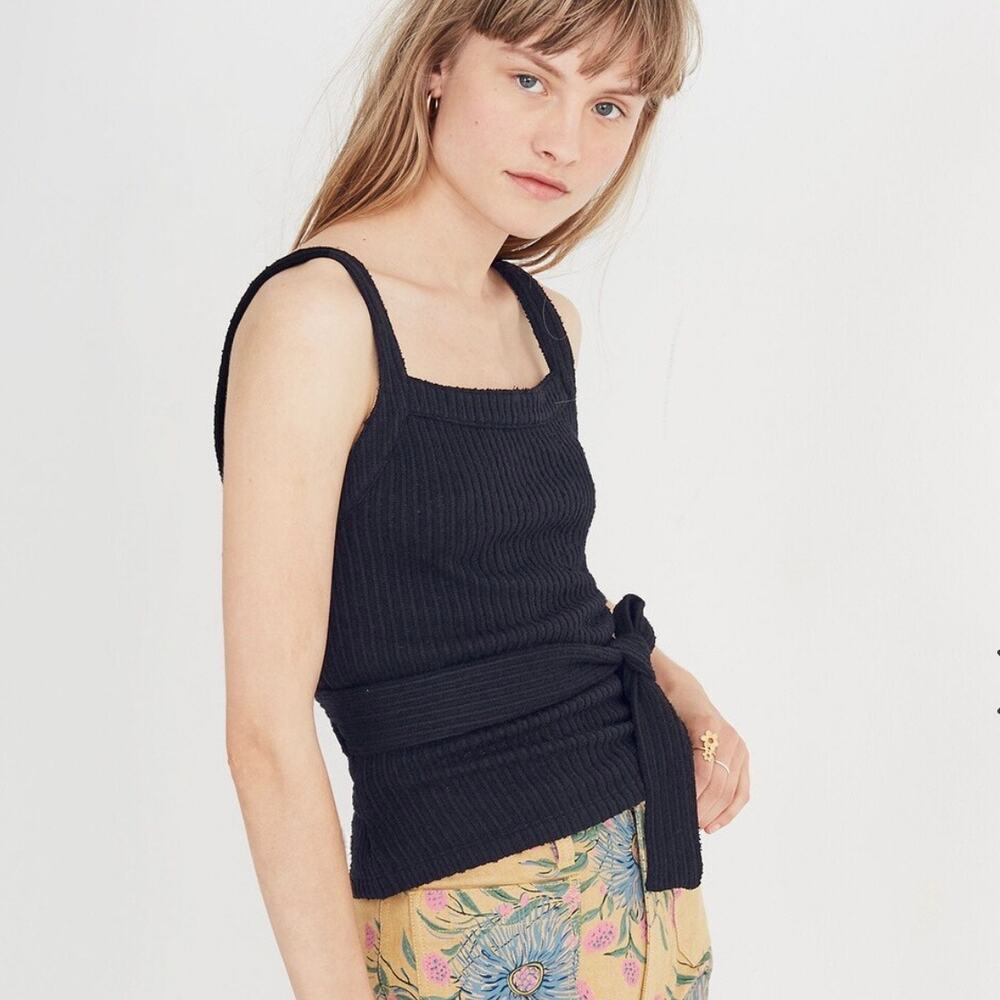 Madewell Small Black Terry Knit Texture & Thread Tie-Wrap Tank Top J4453